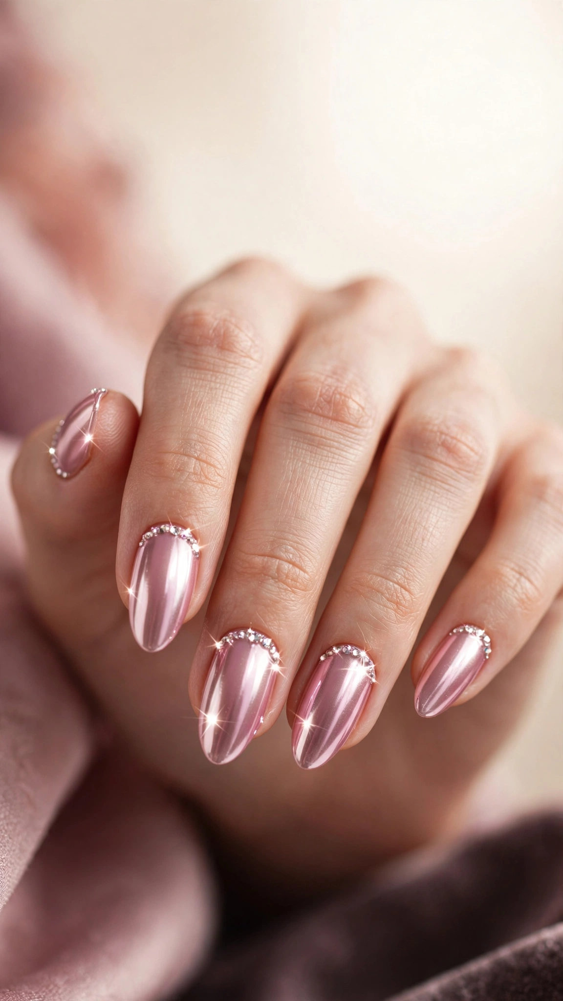 Pink chrome nails with tiny crystal gems along the cuticle