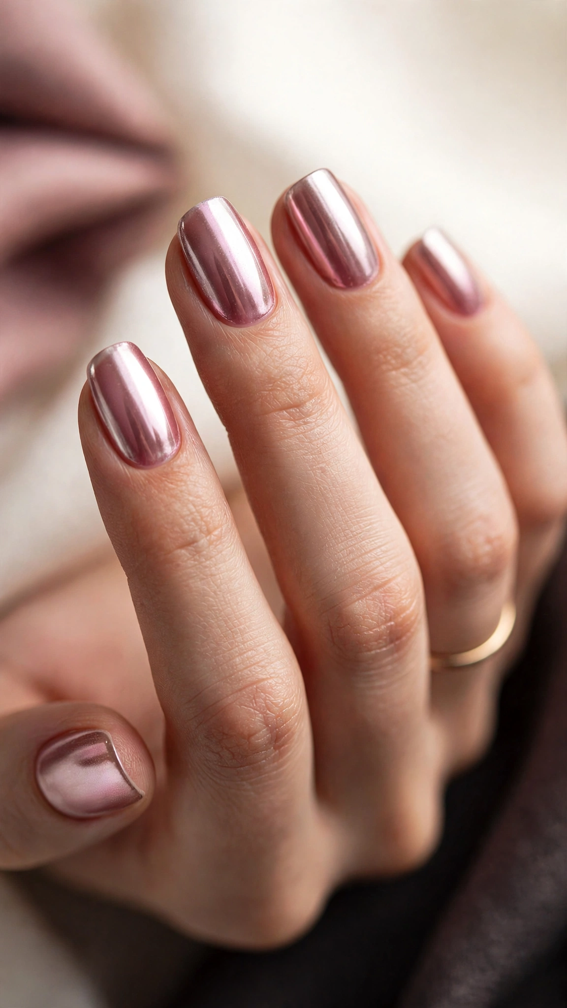 Deep rose chrome nails, moody romantic pink mirror finish