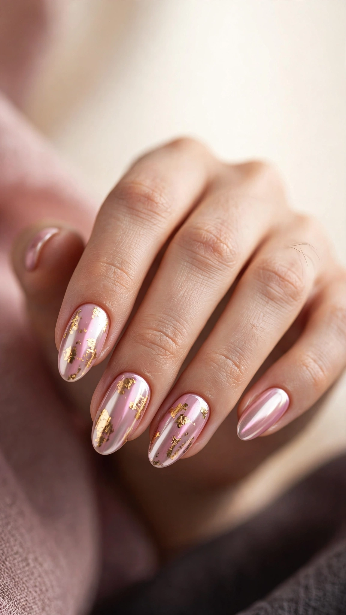 Blush pink chrome nails with gold foil flakes