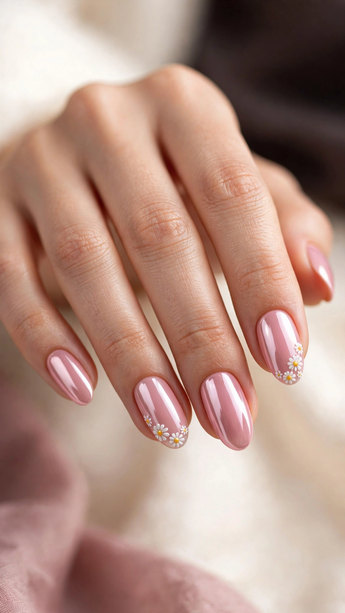 Pink chrome nails with tiny white daisy floral accents
