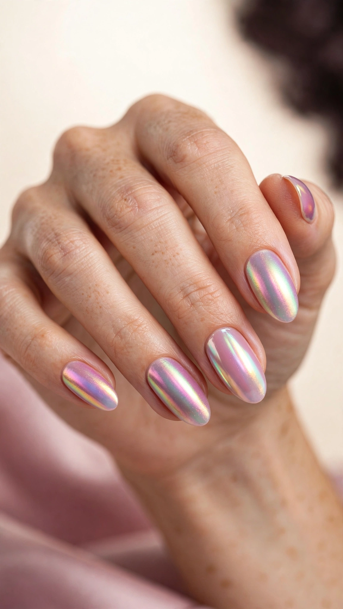 Iridescent aurora pink chrome nails shifting through rainbow tones