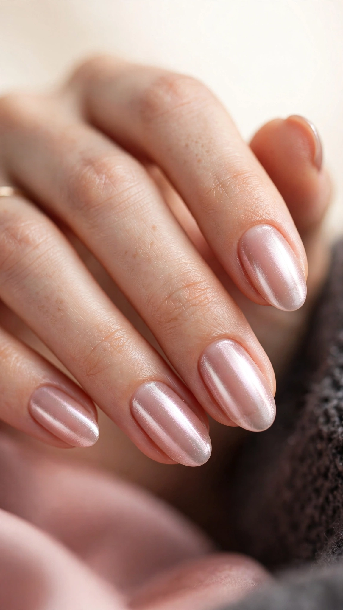 Barely-there nude pink chrome nails, subtle natural glow