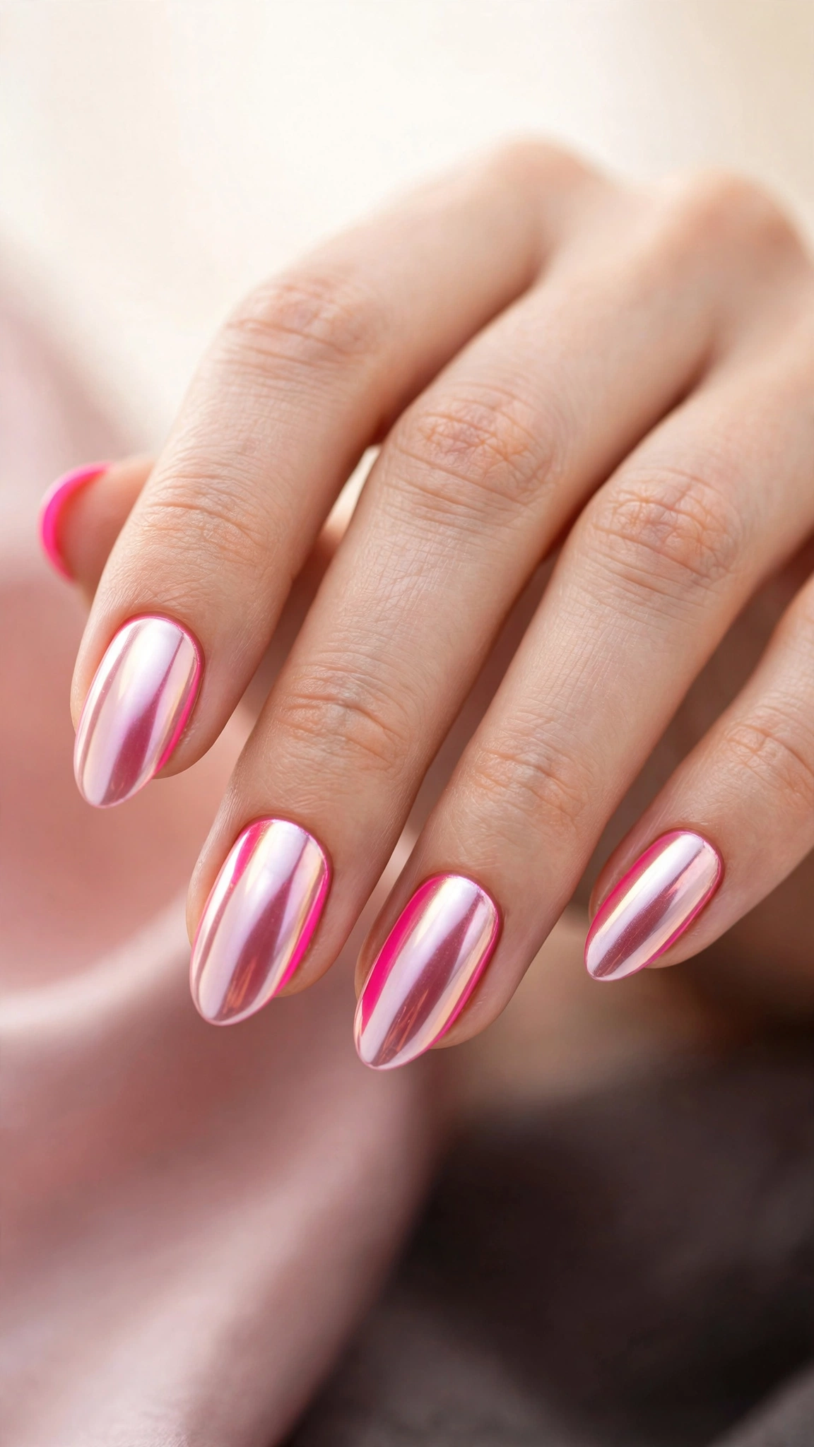 Hot pink chrome nails, bold vivid mirror shine