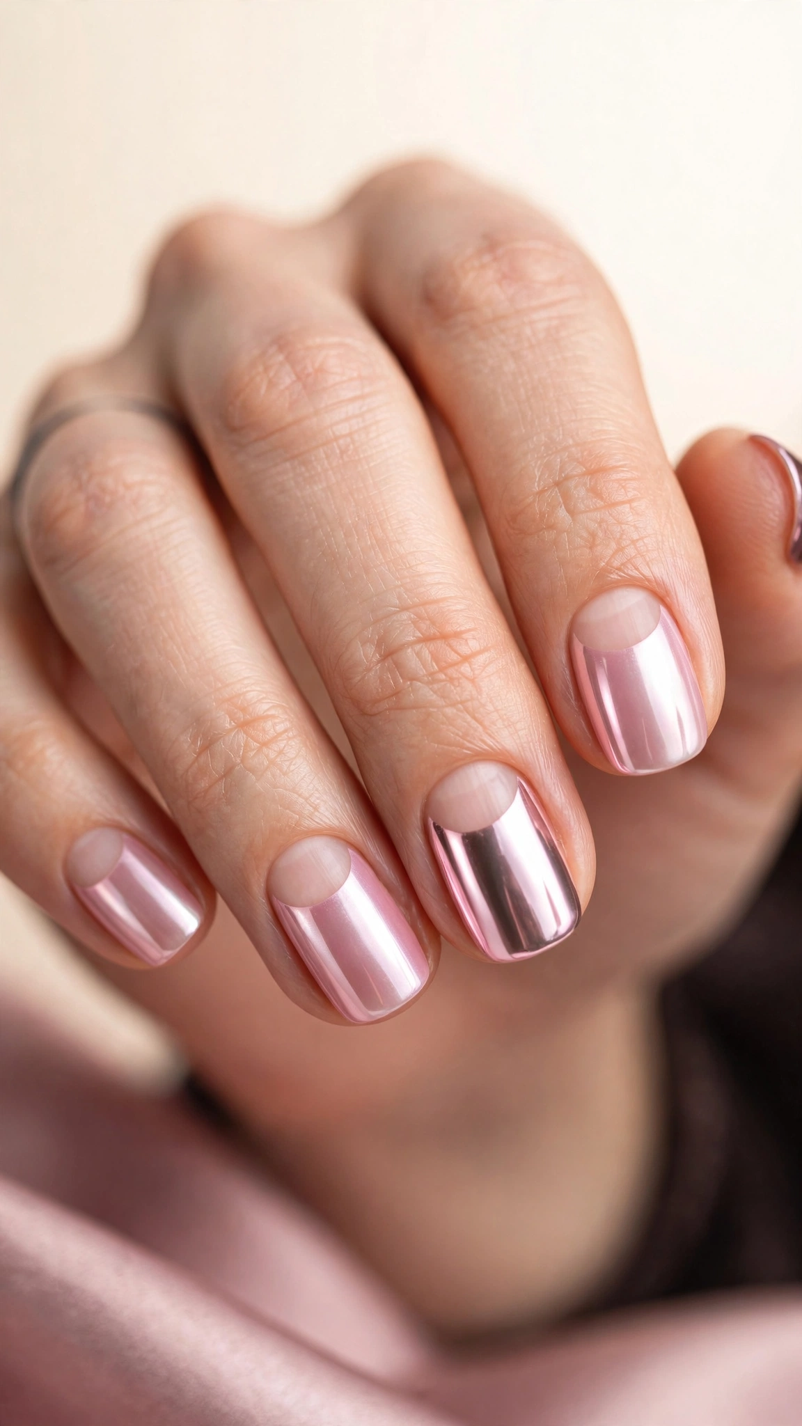 Pink chrome half-moon nails with bare cuticle crescent