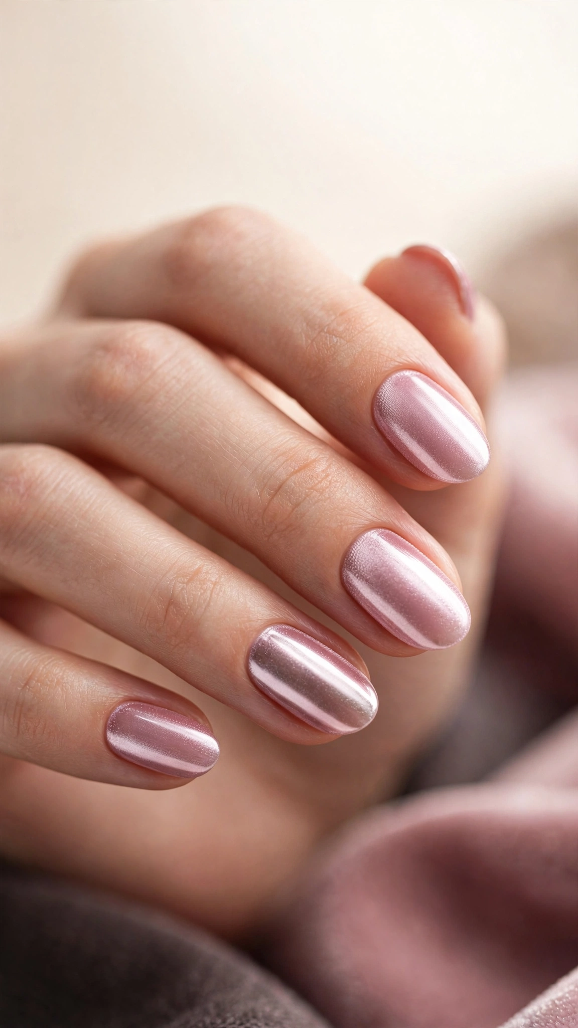Pink chrome velvet nails with magnetic depth under mirror shine