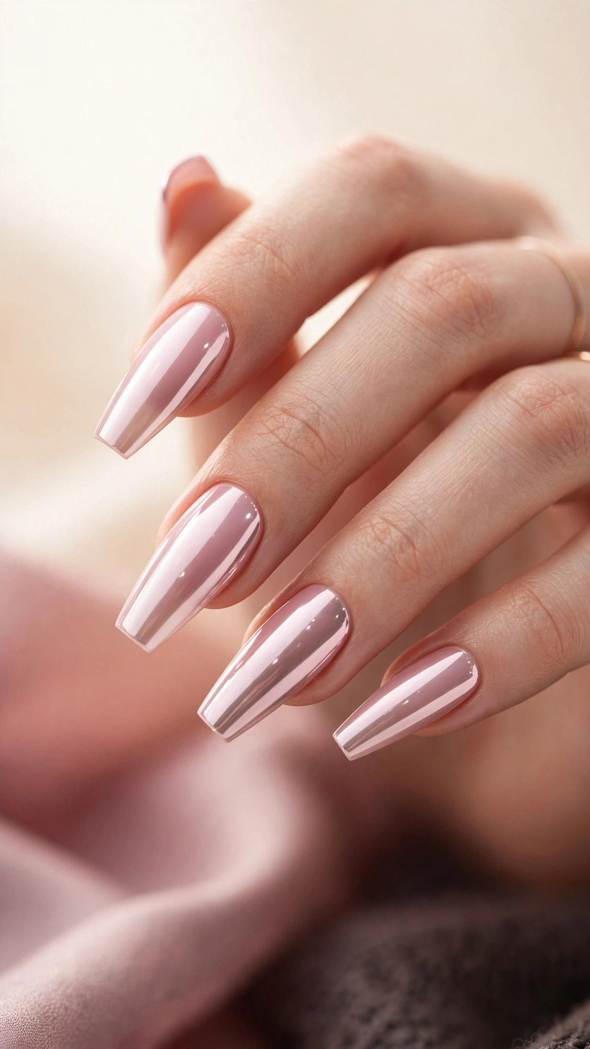 Long coffin light pink chrome nails, wide mirror surface