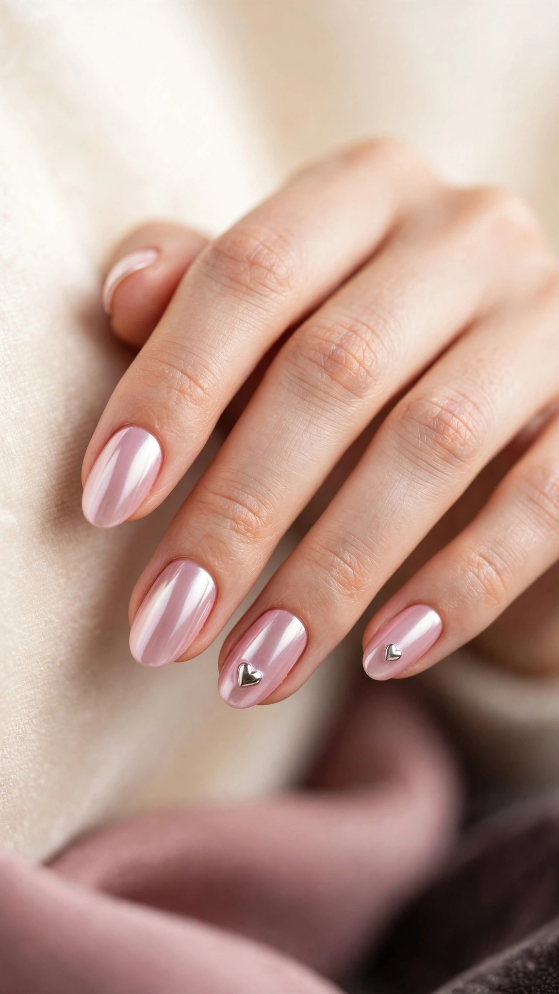 Pink chrome nails with tiny heart accents for Valentine's Day