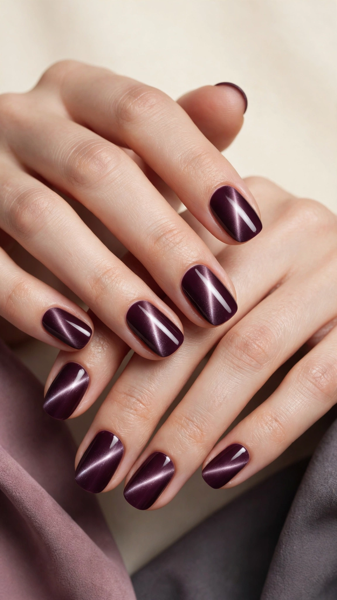 Classic cat eye magnetic nails with a sharp diagonal band of light across deep plum polish