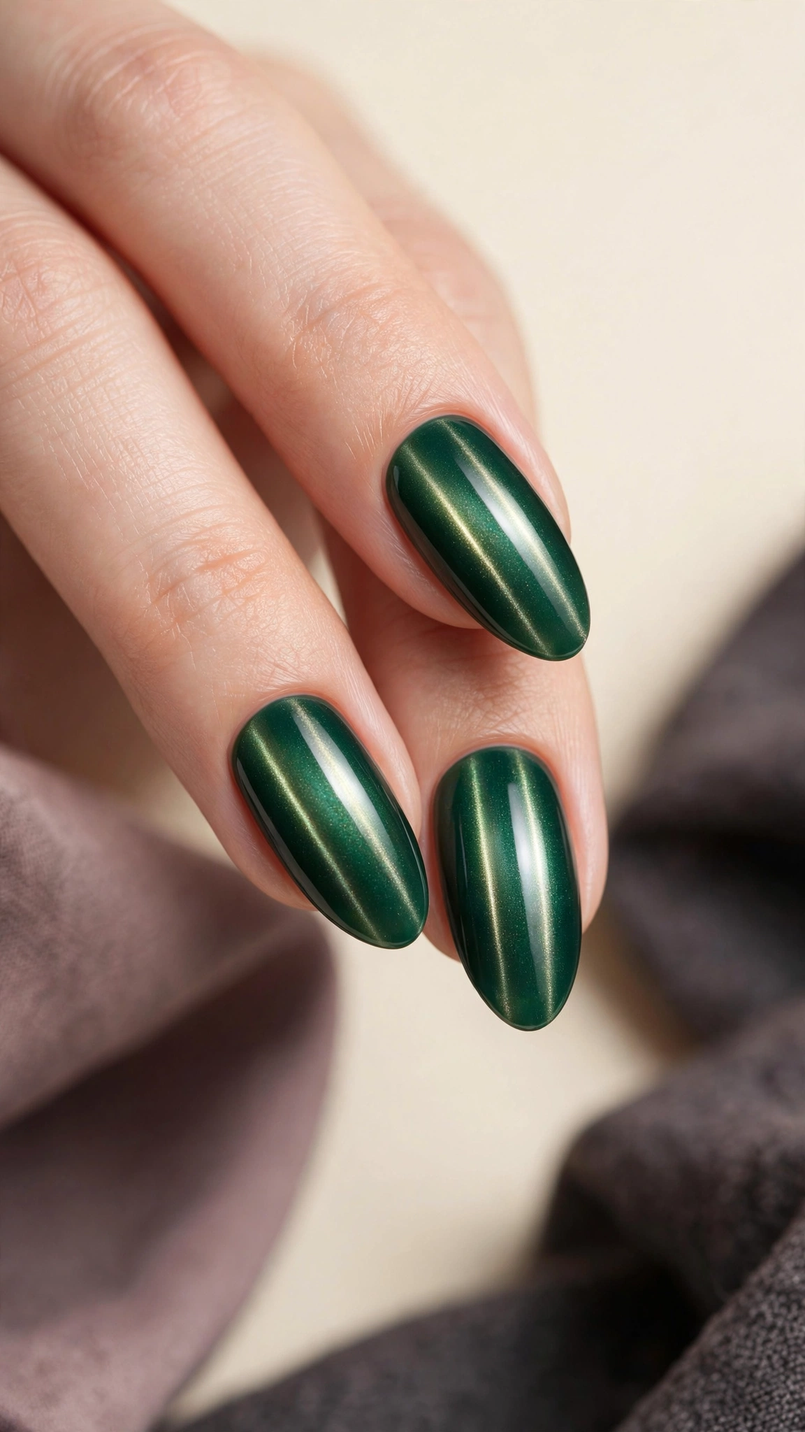 Twin-band cat eye magnetic nails showing two parallel shimmer lines on emerald green polish