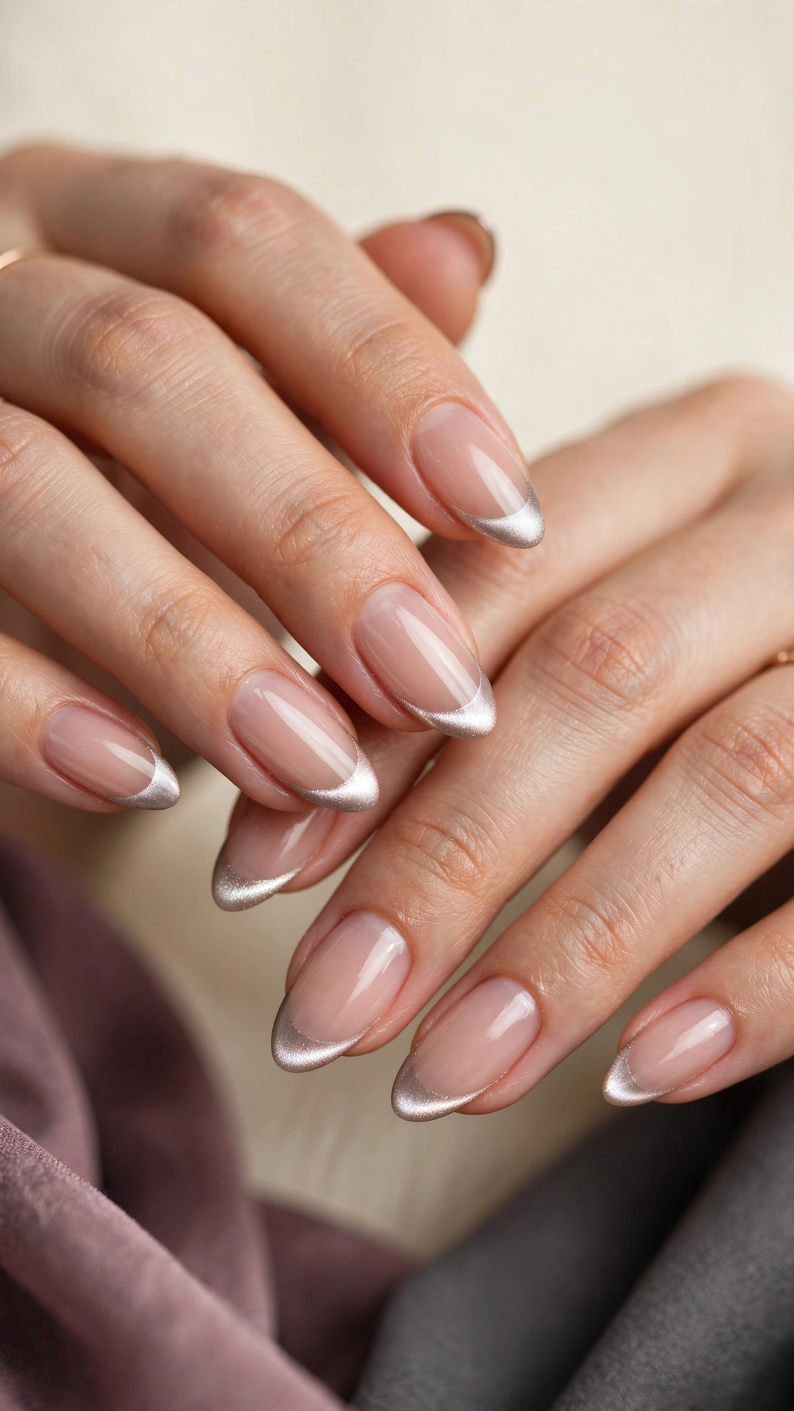 Cat eye French tip magnetic nails with shimmer concentrated at the nail tips over nude base
