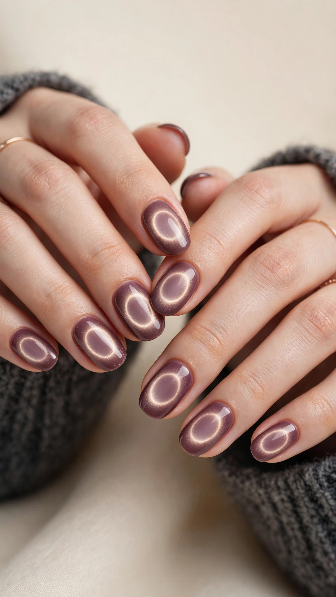 Halo aura cat eye magnetic nails with a soft centered glow on mauve polish