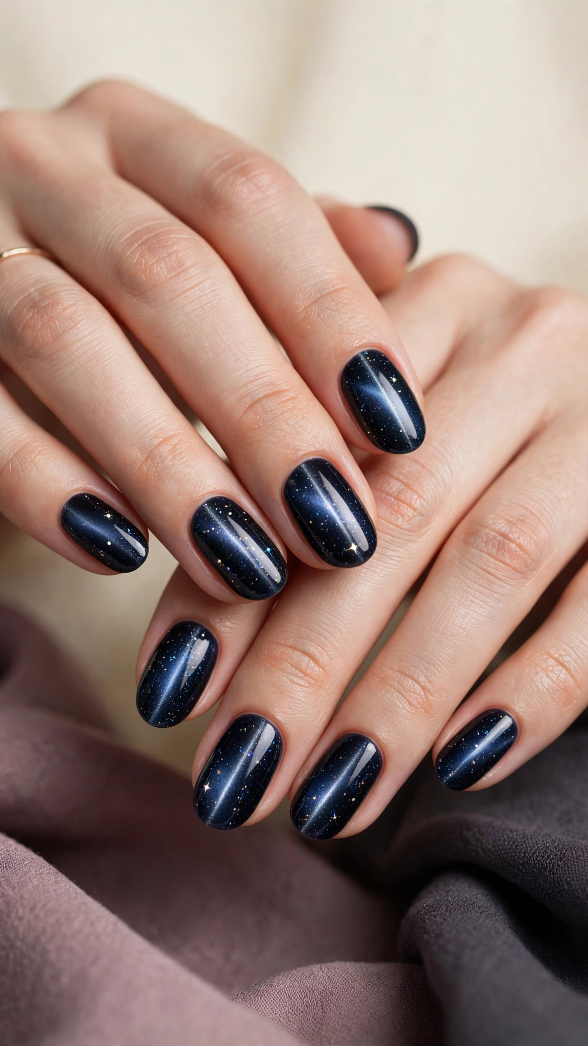 Starfield galaxy cat eye magnetic nails with scattered shimmer points on midnight blue polish
