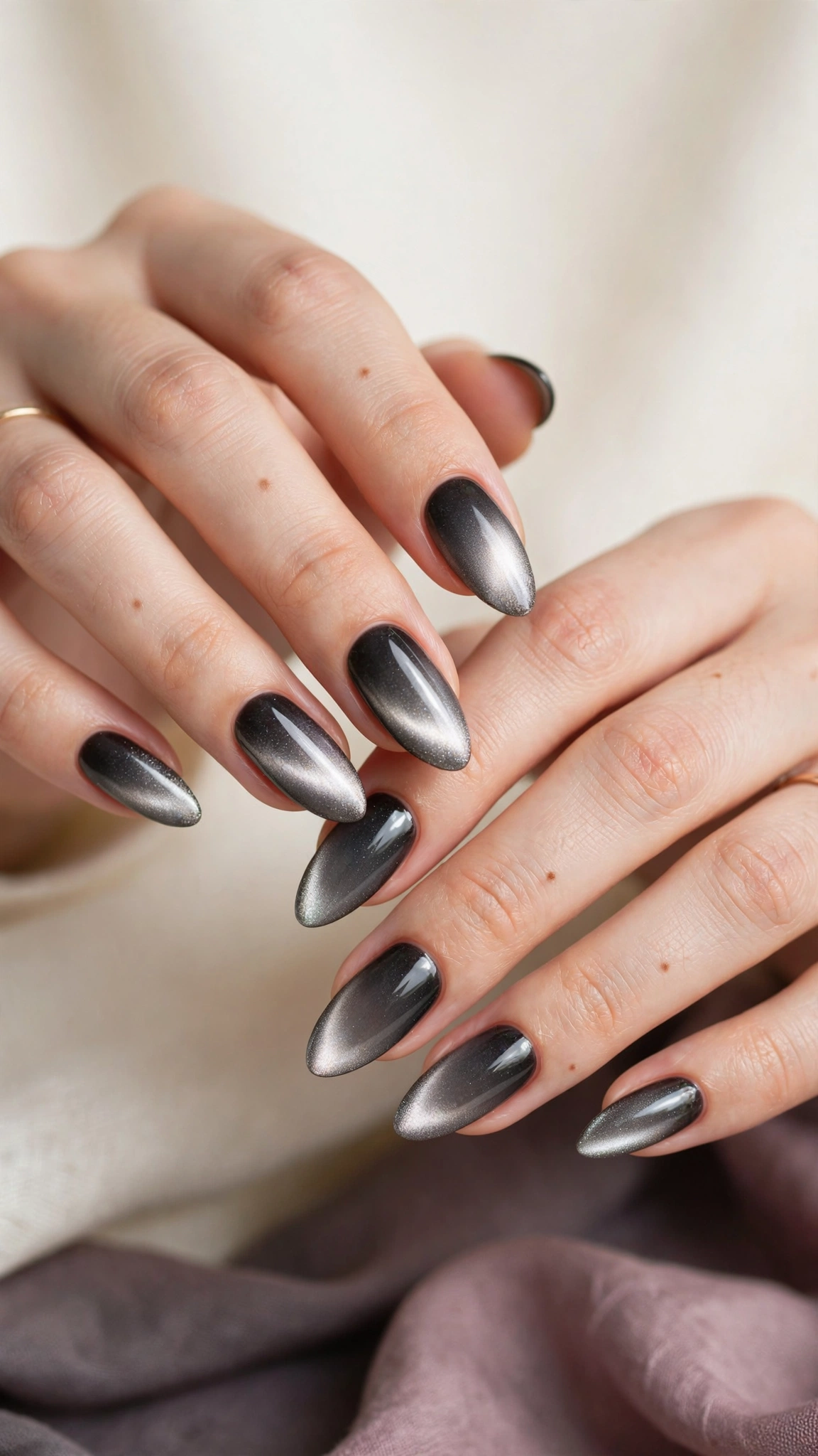 Cat eye ombre magnetic nails blending from deep charcoal to silver shimmer at the tips