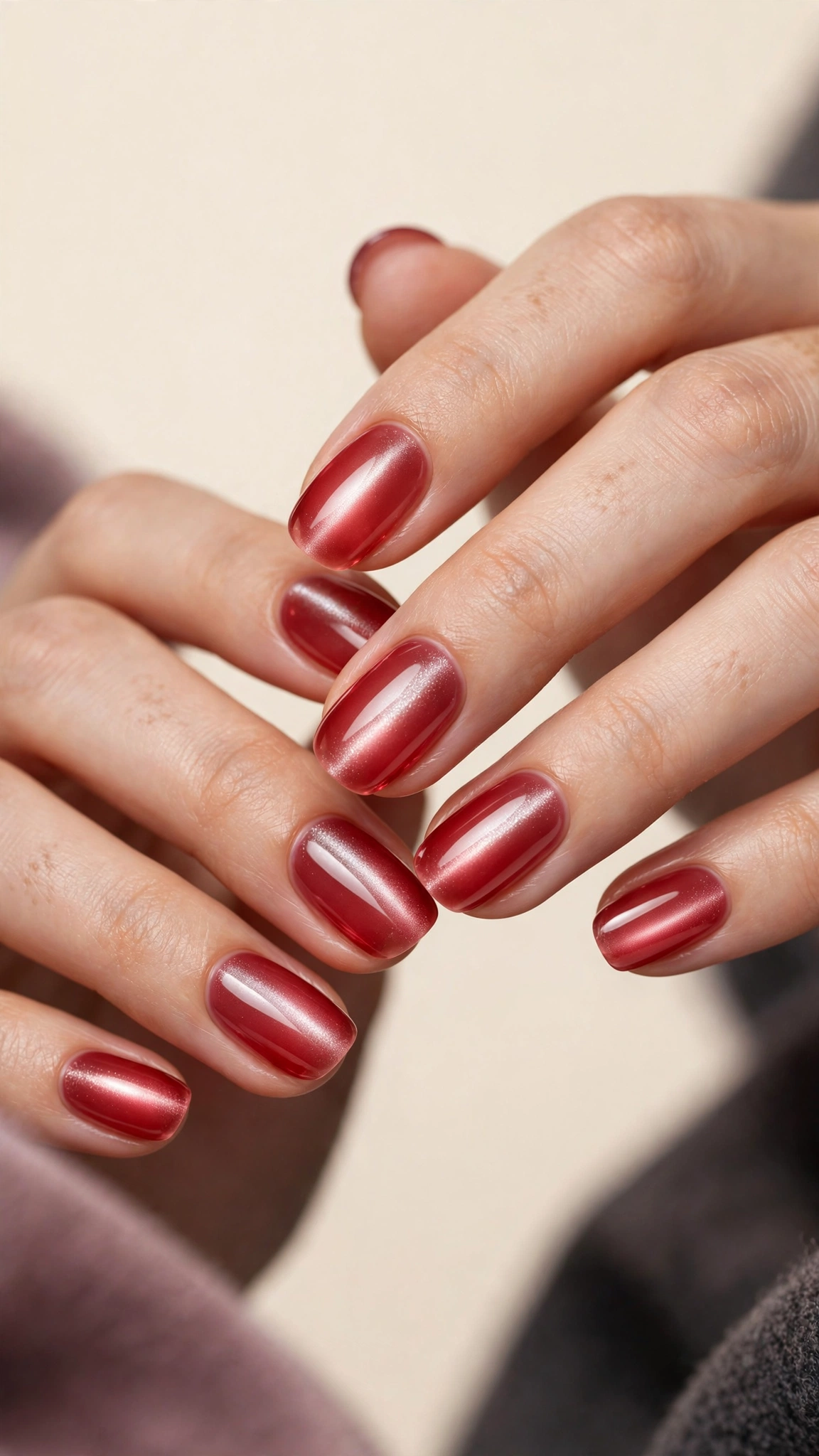 Jelly cat eye magnetic nails with translucent cherry-red base and glowing light band