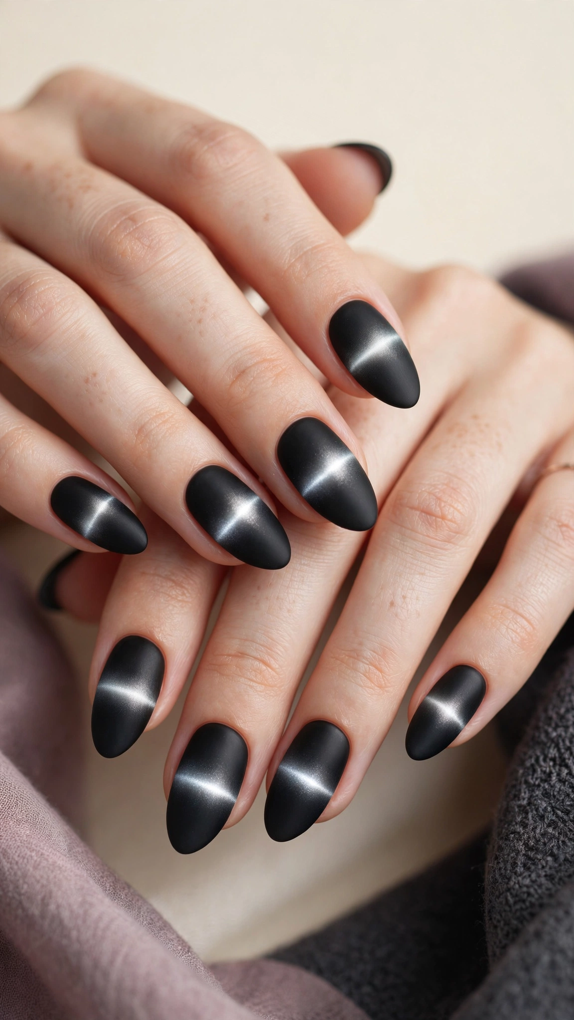 Matte cat eye magnetic nails with a glowing band contrasting against matte black polish