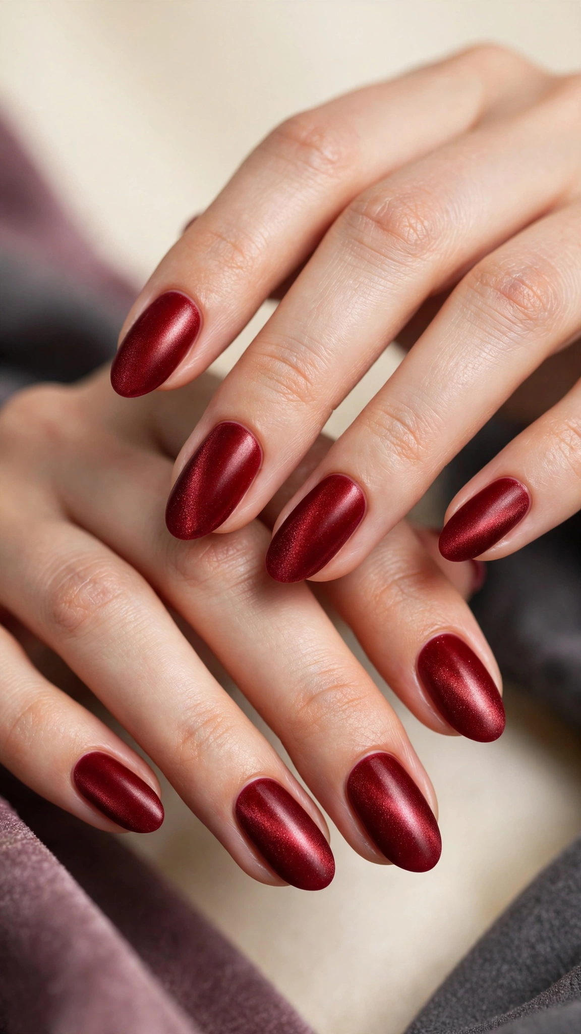 Classic velvet magnetic nails with soft diffused shimmer across oxblood red polish