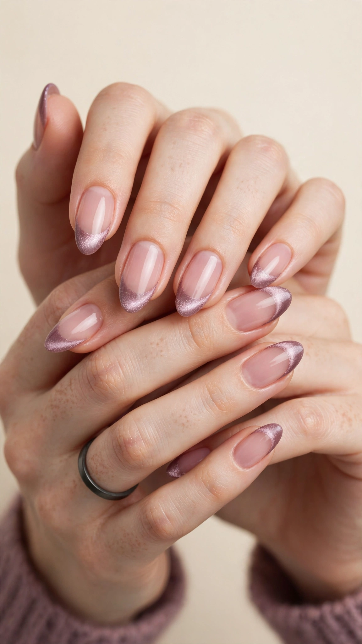 Velvet French magnetic nails with soft velvet shimmer tips over sheer pink base
