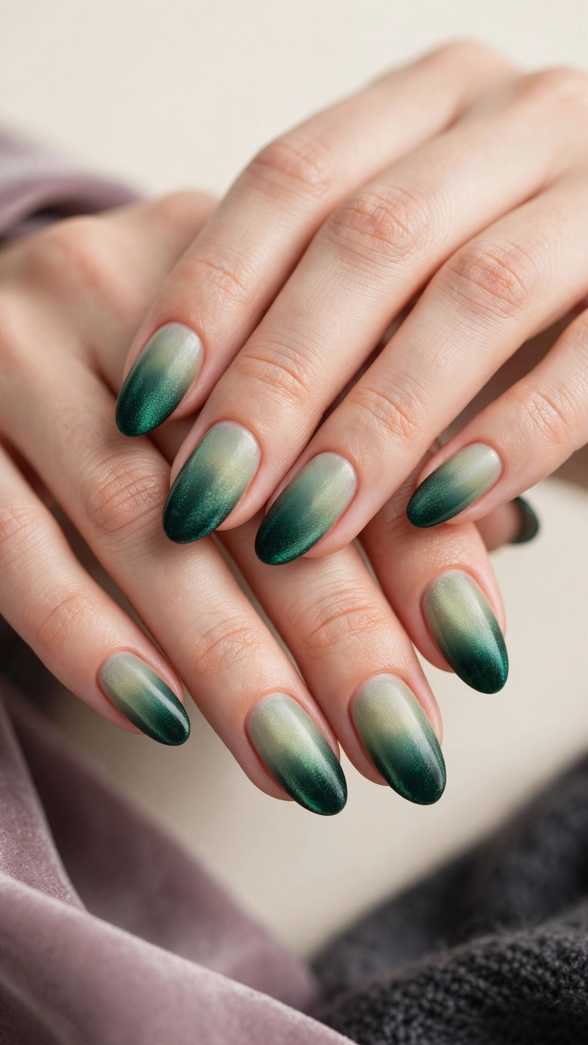 Velvet ombre magnetic nails fading from deep emerald to soft shimmer at the tips