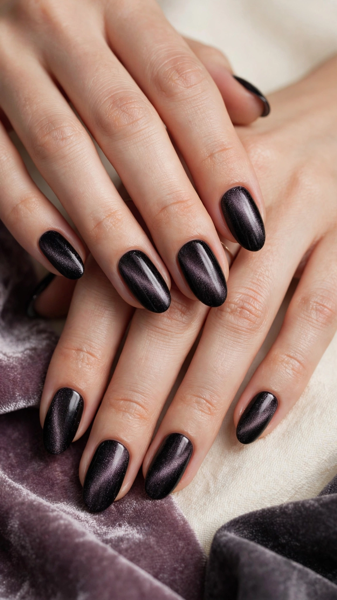 Crushed velvet noir magnetic nails with dense dark shimmer on black polish
