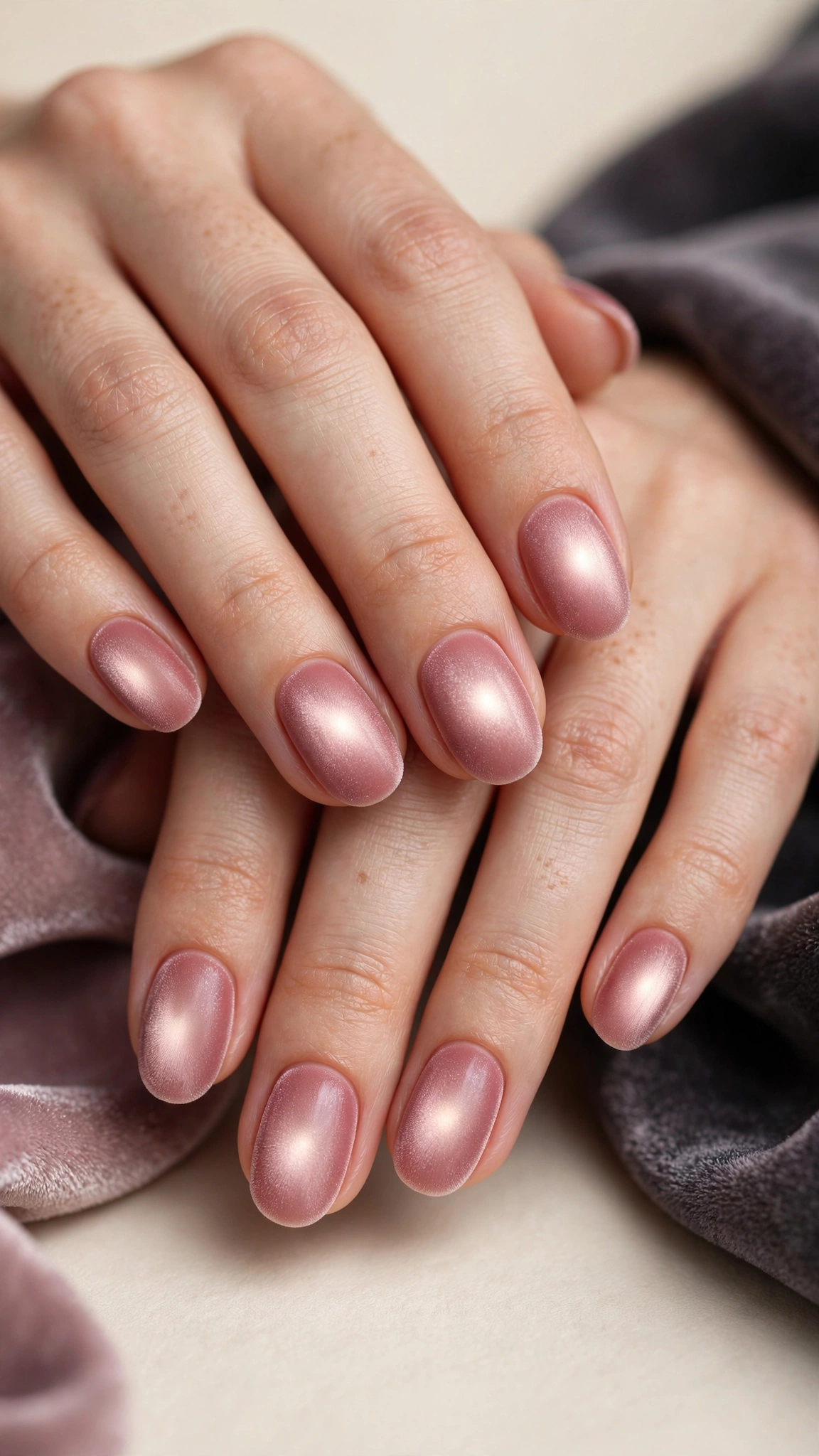 Velvet aura magnetic nails with shimmer concentrated in the center over dusty rose polish