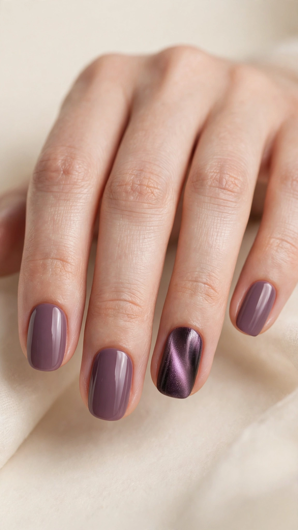 Velvet accent nail design with one shimmering magnetic nail among solid mauve nails