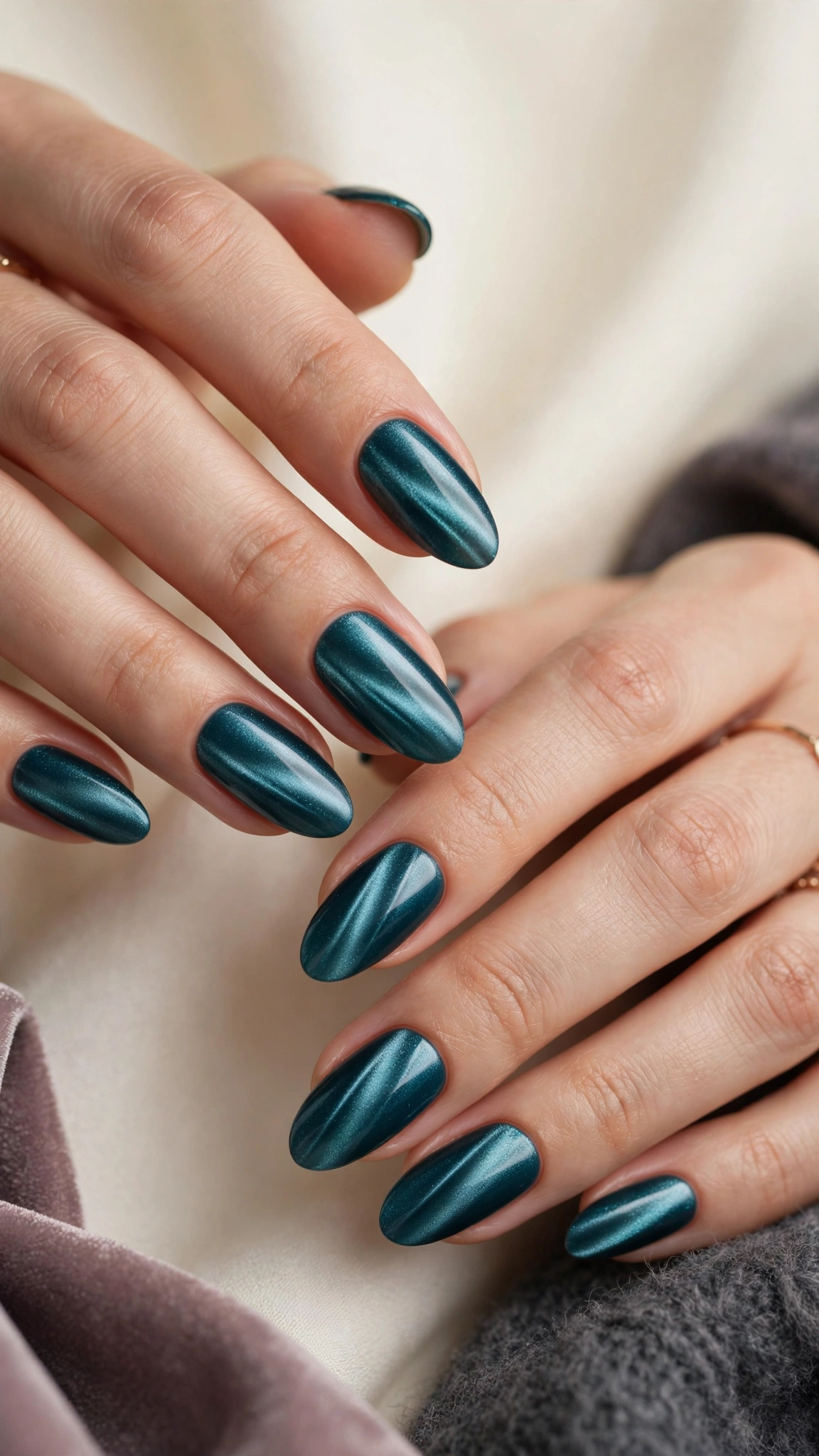 Diagonal velvet sweep magnetic nails with shimmer flowing diagonally across teal polish