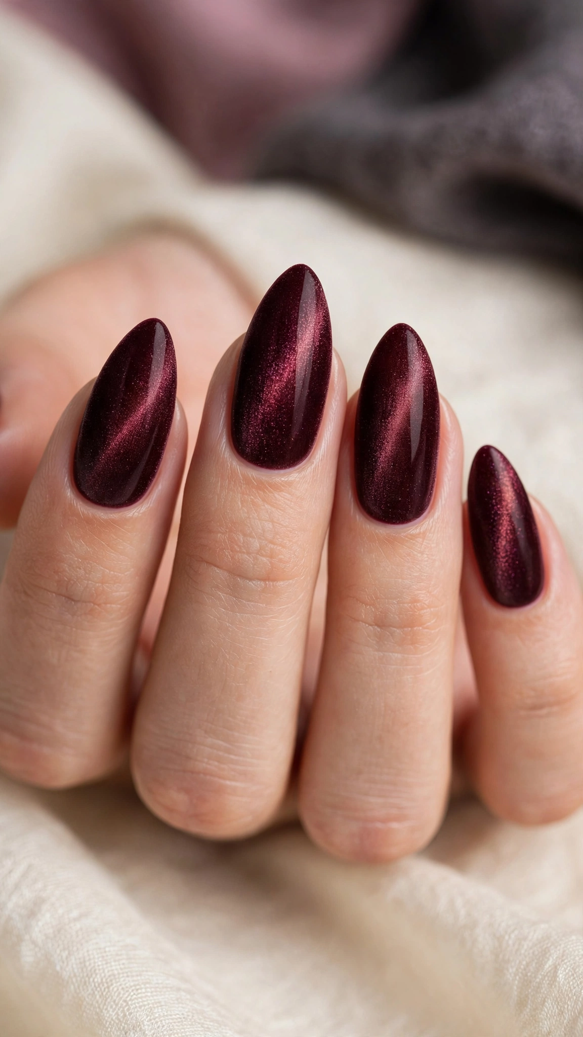 Velvet magnetic nails on elegant almond-shaped nails in deep burgundy