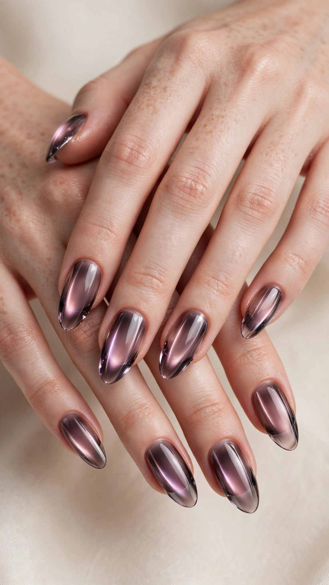 Glass magnetic nails with translucent dimensional glow on sheer smoky polish