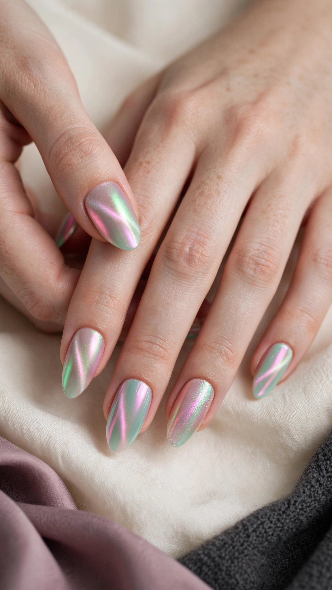 Aurora shimmer magnetic nails shifting between pink and green iridescent tones