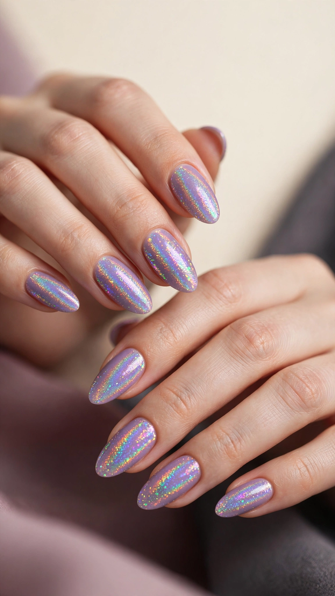 Holographic magnetic nails with rainbow prismatic shimmer scattered across lavender polish
