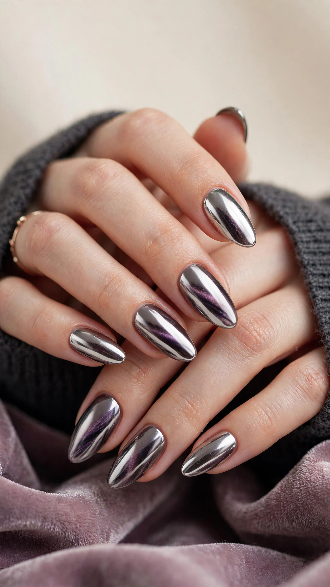 Chrome-topped magnetic nails with mirror chrome powder layered over magnetic base