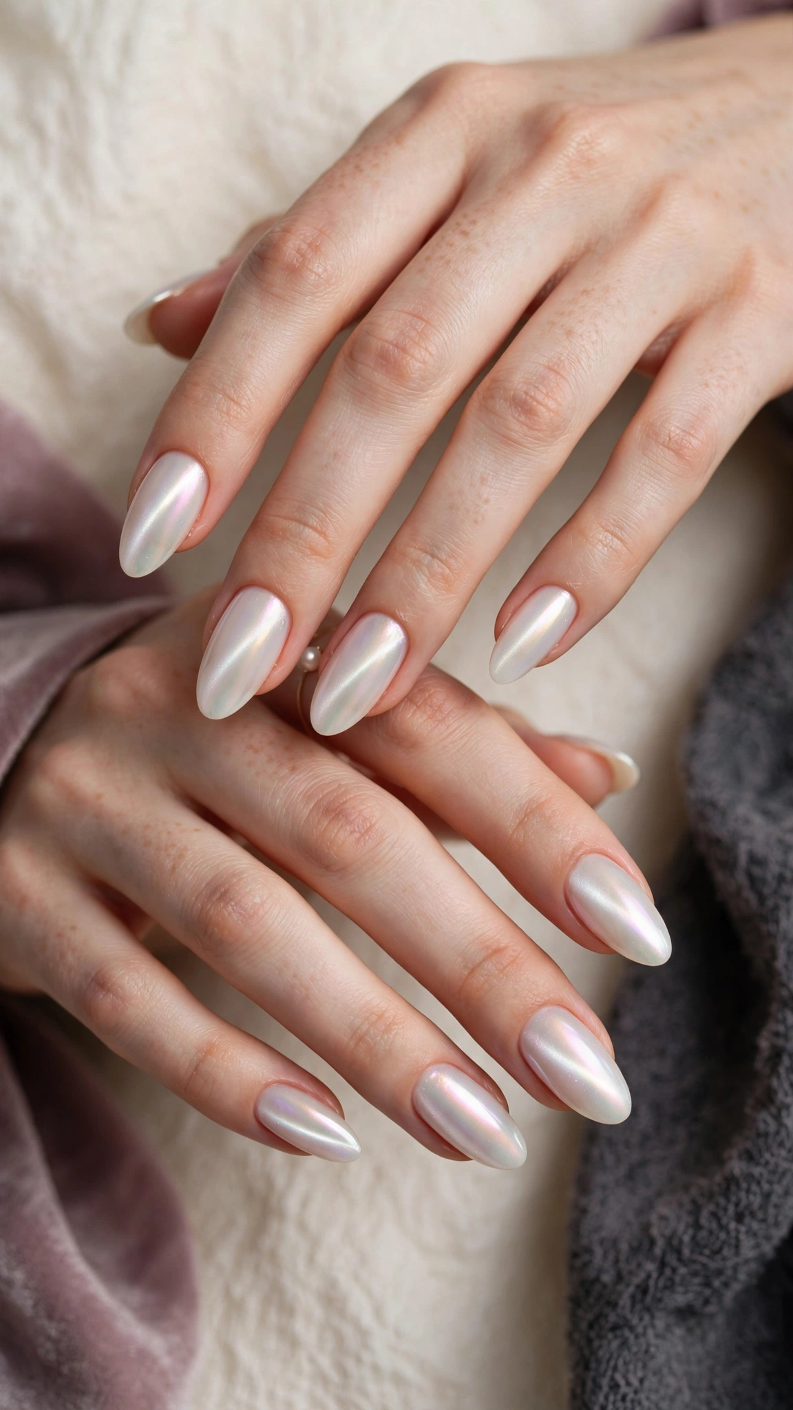 Iridescent pearl magnetic nails with soft pearl glow on milky white polish