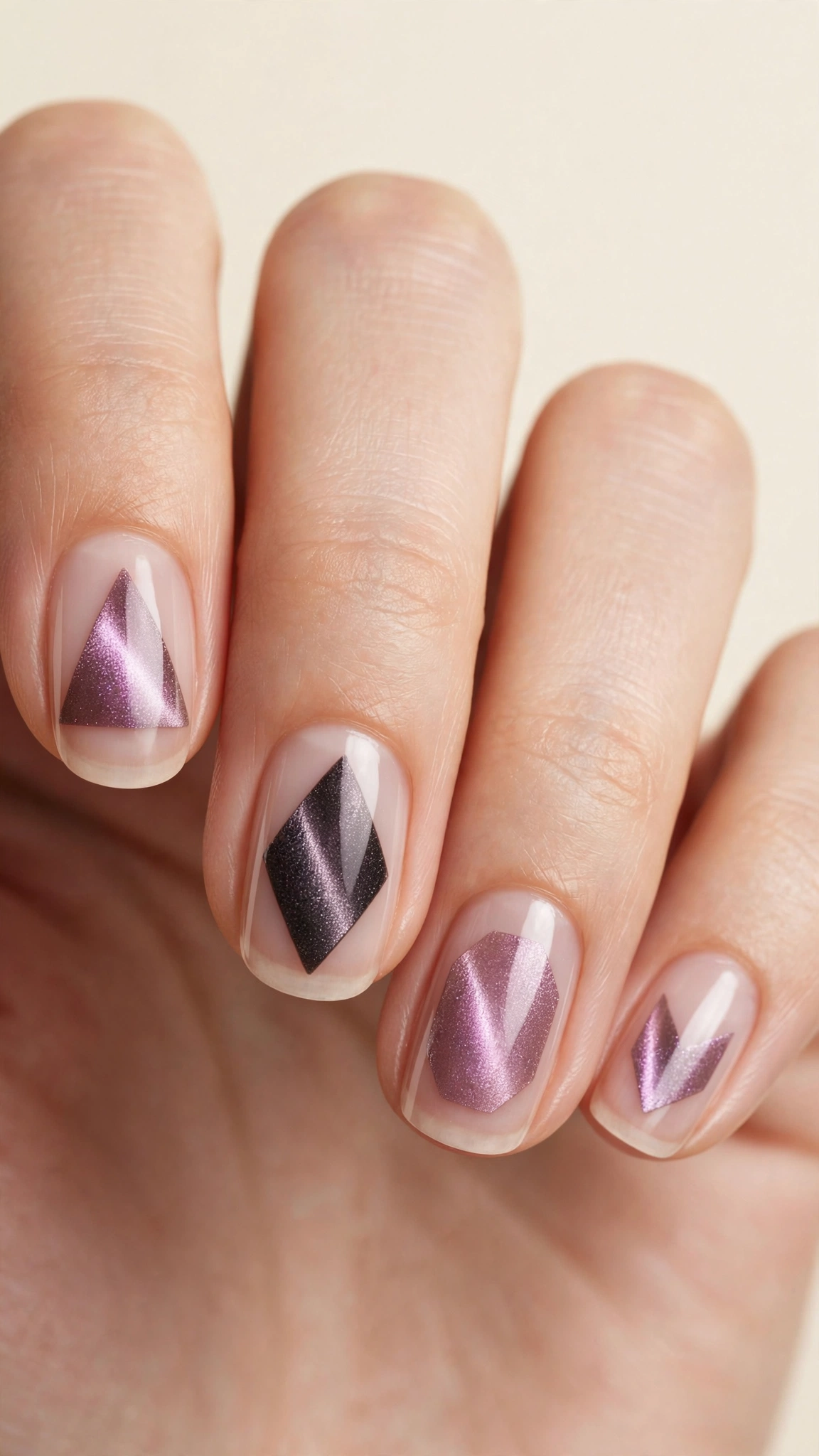 Negative space magnetic nails with bare nail sections framing magnetic shimmer shapes