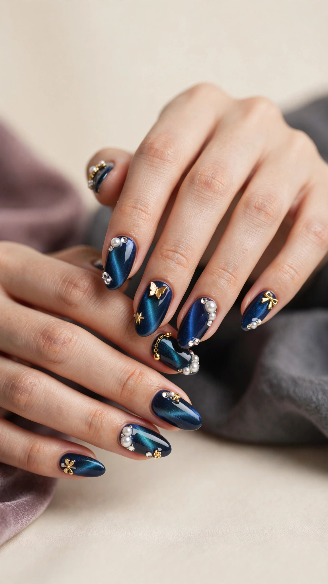Magnetic nails with 3D charms and gems placed over a deep blue cat eye base