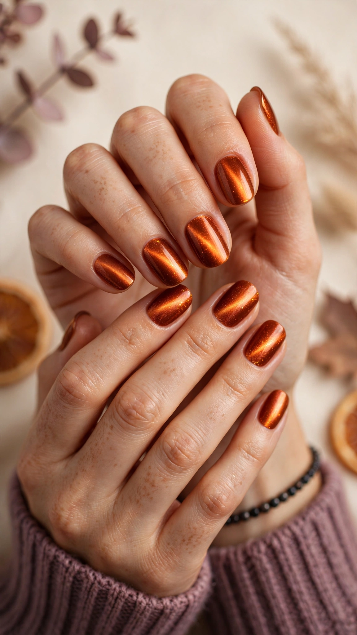 Amber glow magnetic nails with warm copper shimmer on burnt orange polish for fall