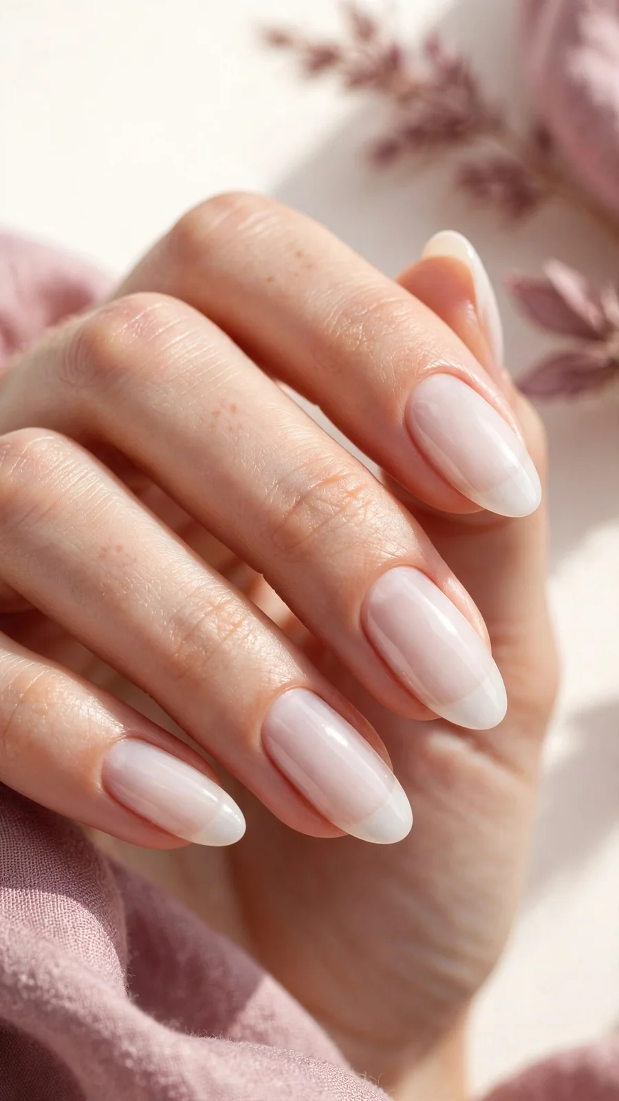 Classic sheer milky white nails on almond-shaped nails