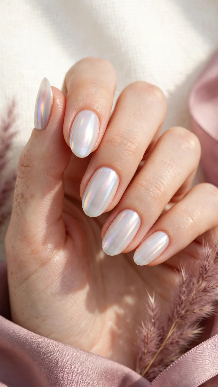 Milky white nails with pearl chrome glaze finish