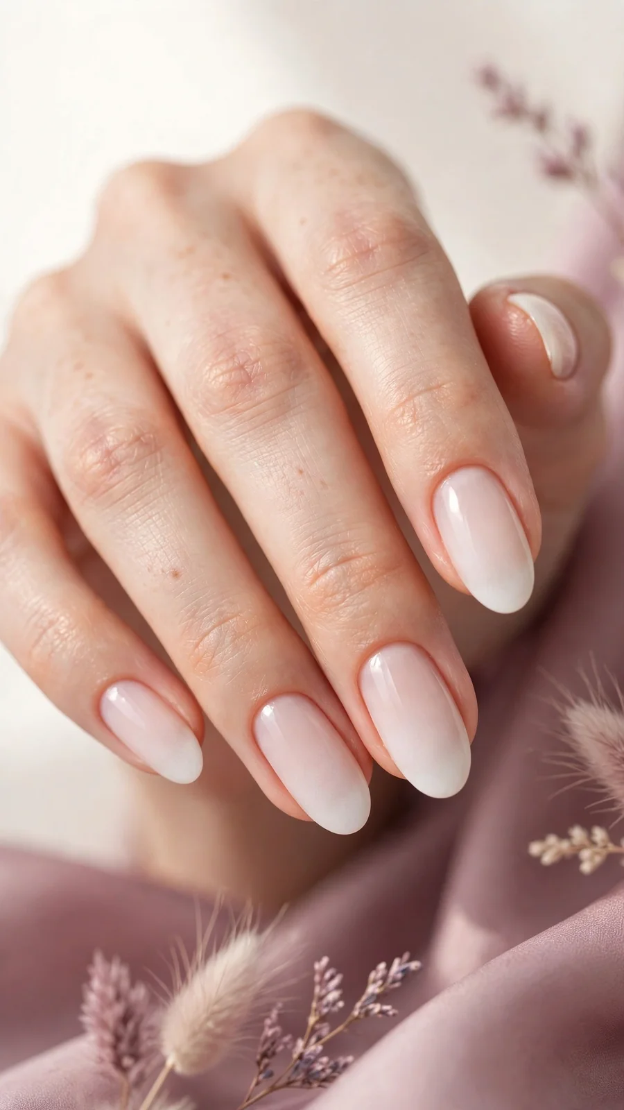Milky white French tip nails with soft diffused tips