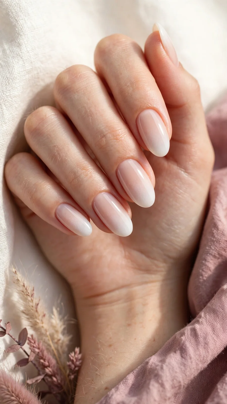 Milky white ombre baby boomer nails fading to nude