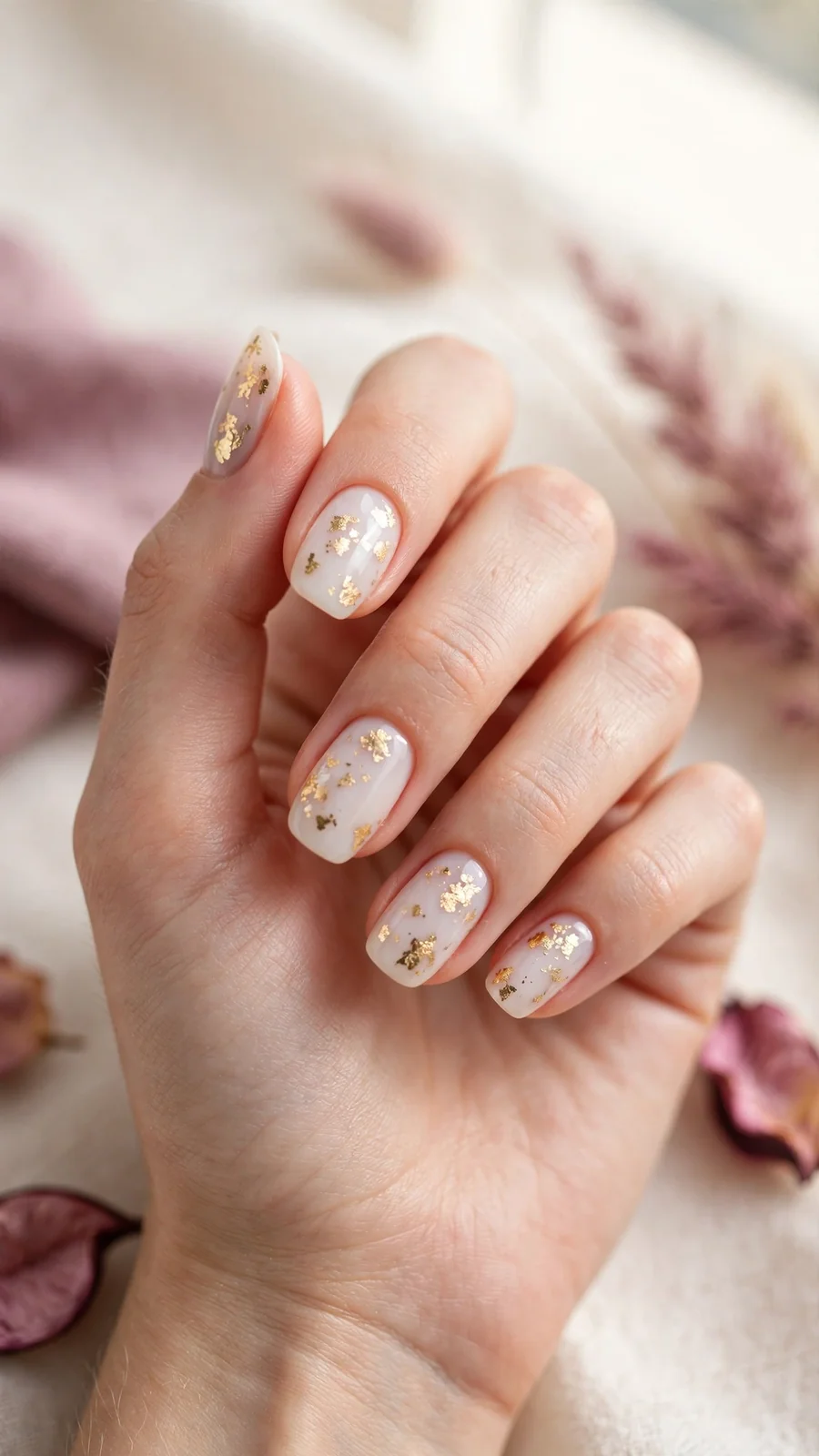 Milky white nails with delicate gold foil flakes