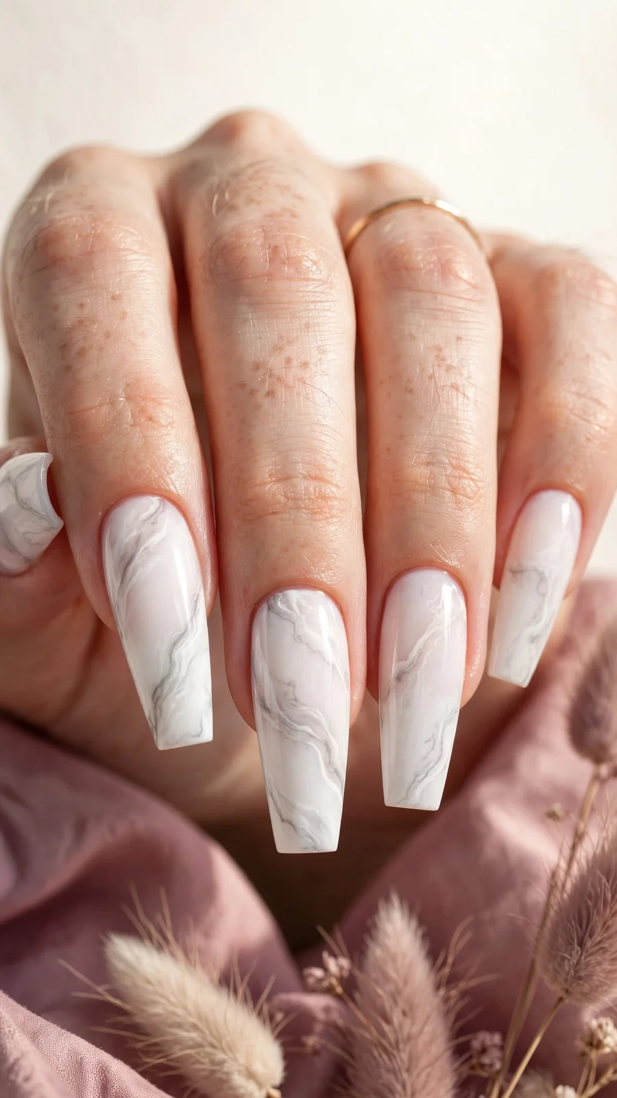Milky white coffin nails with grey marble veining