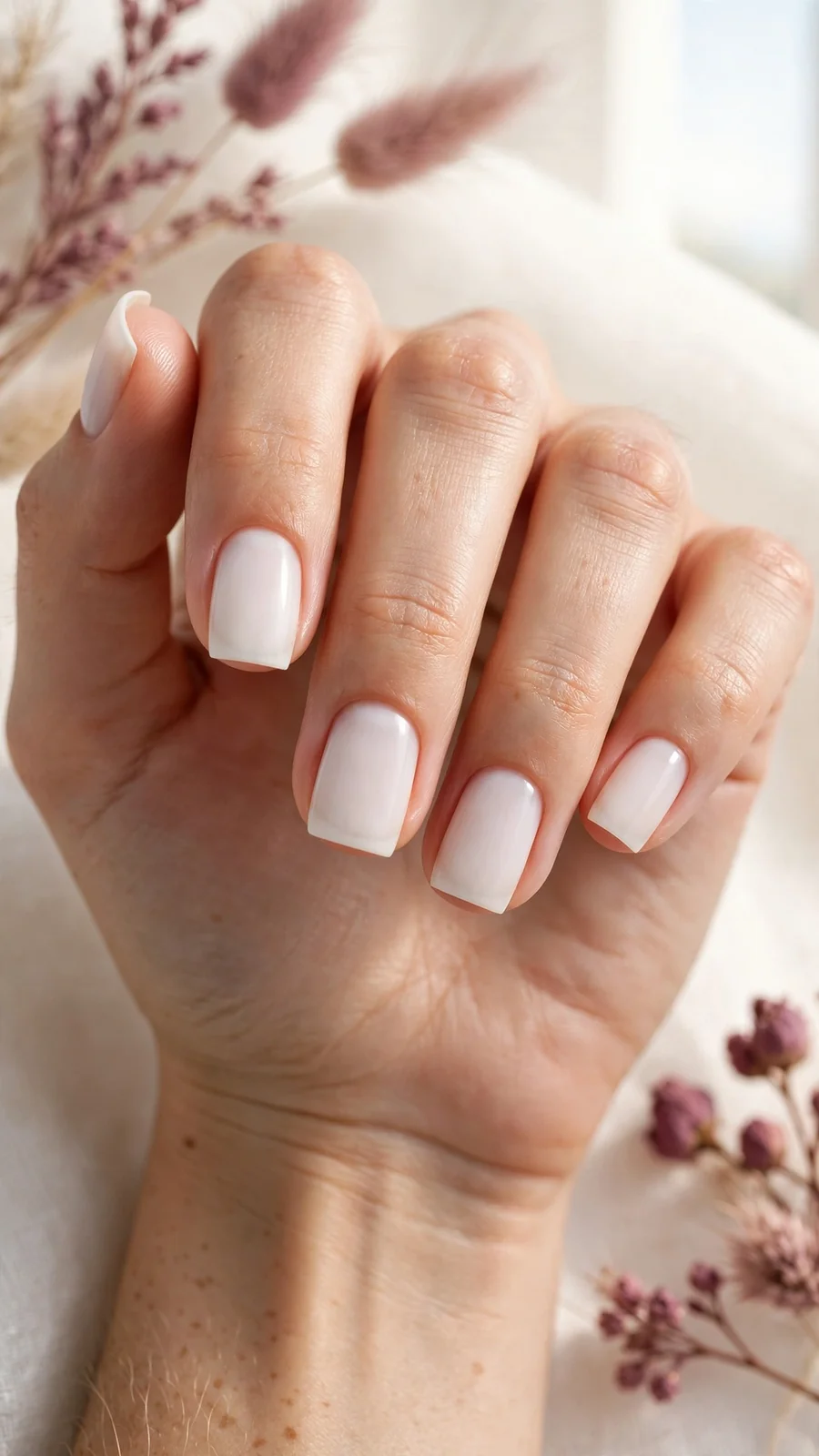 Minimalist milky white nails on short square nails