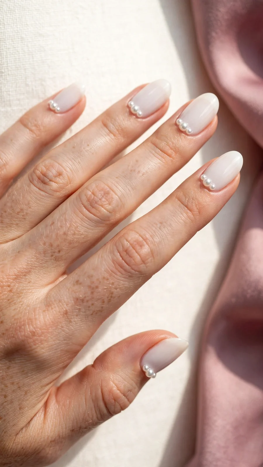 Milky white nails with small pearl accents at cuticles