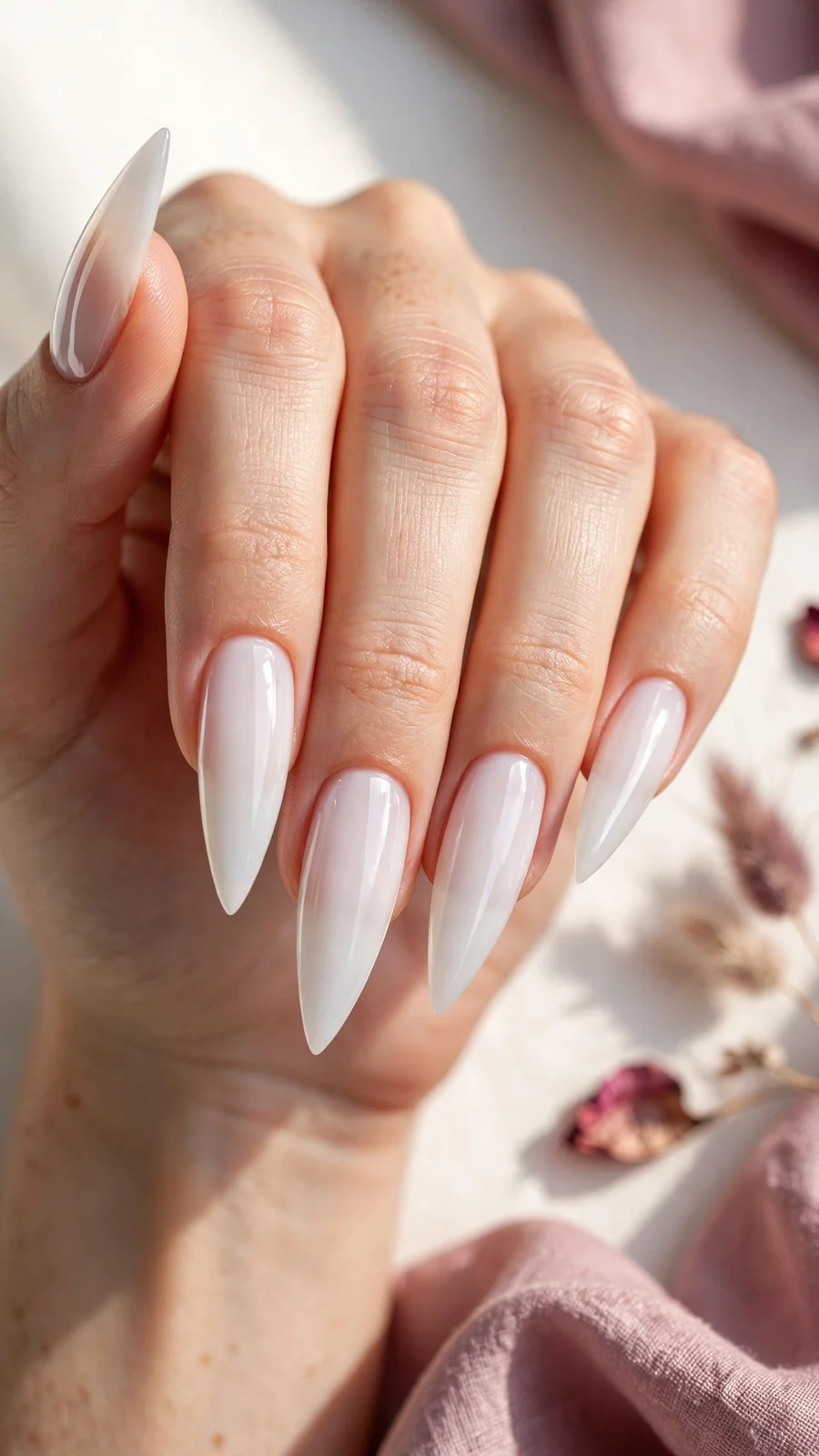 Glossy milky white stiletto nails