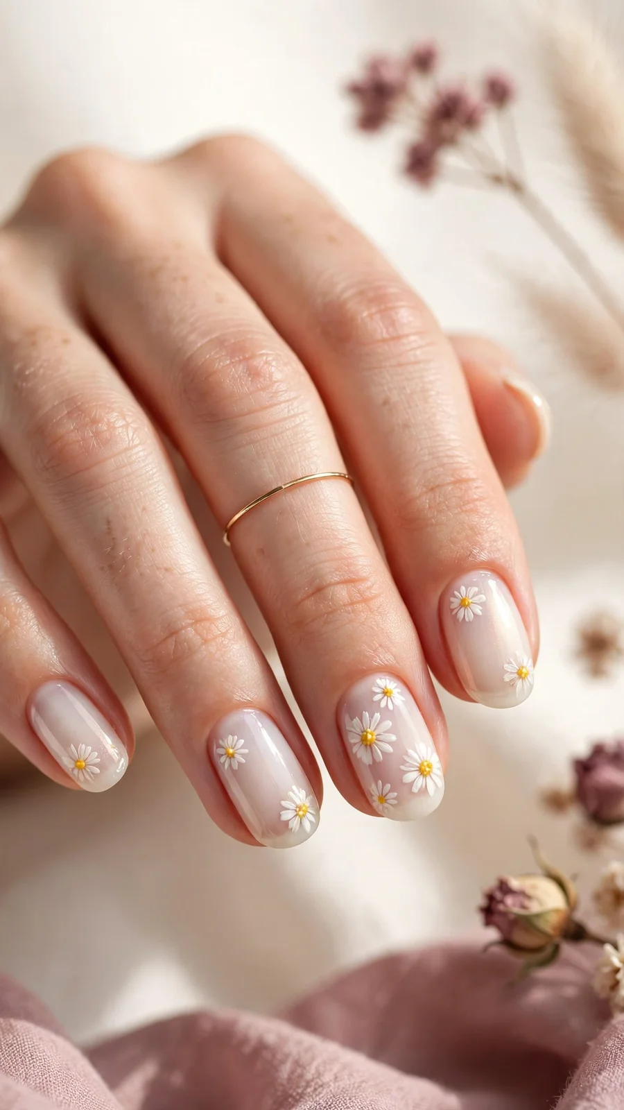Milky white nails with tiny hand-painted daisies
