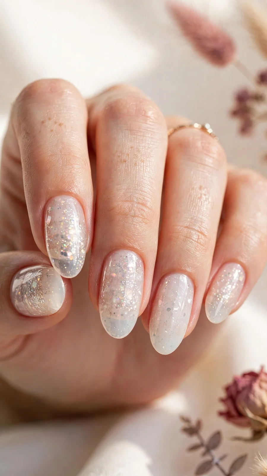 Milky white jelly sandwich nails with glitter layer