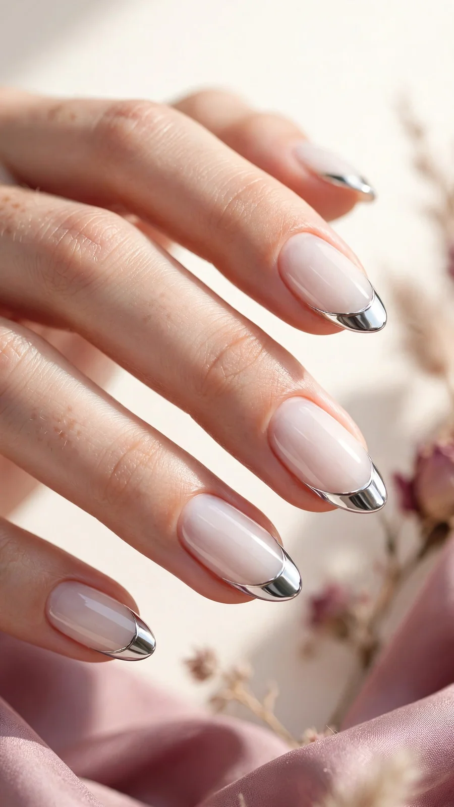 Milky white nails with silver chrome French tips