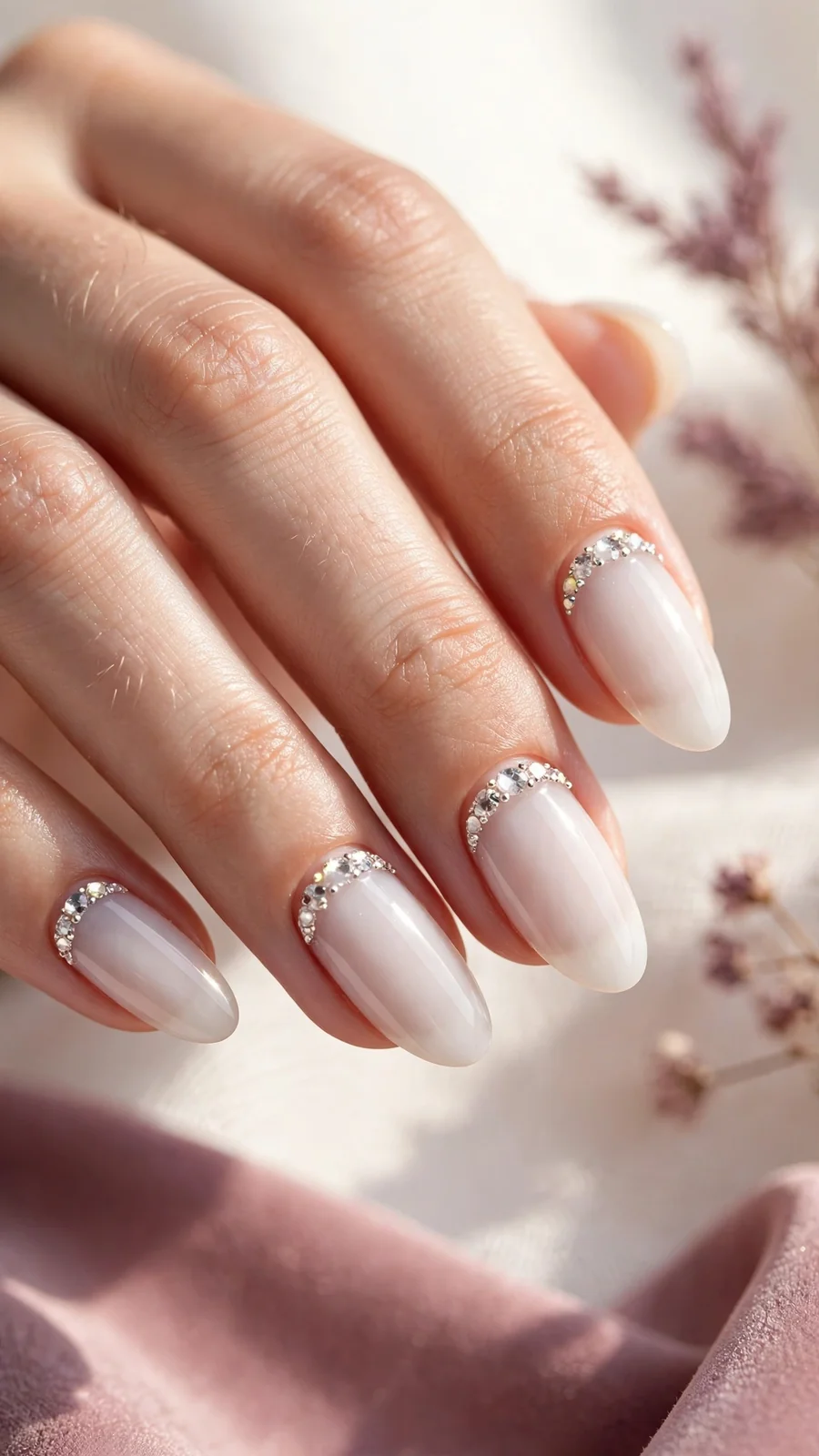 Milky white nails with rhinestone cuticle detailing