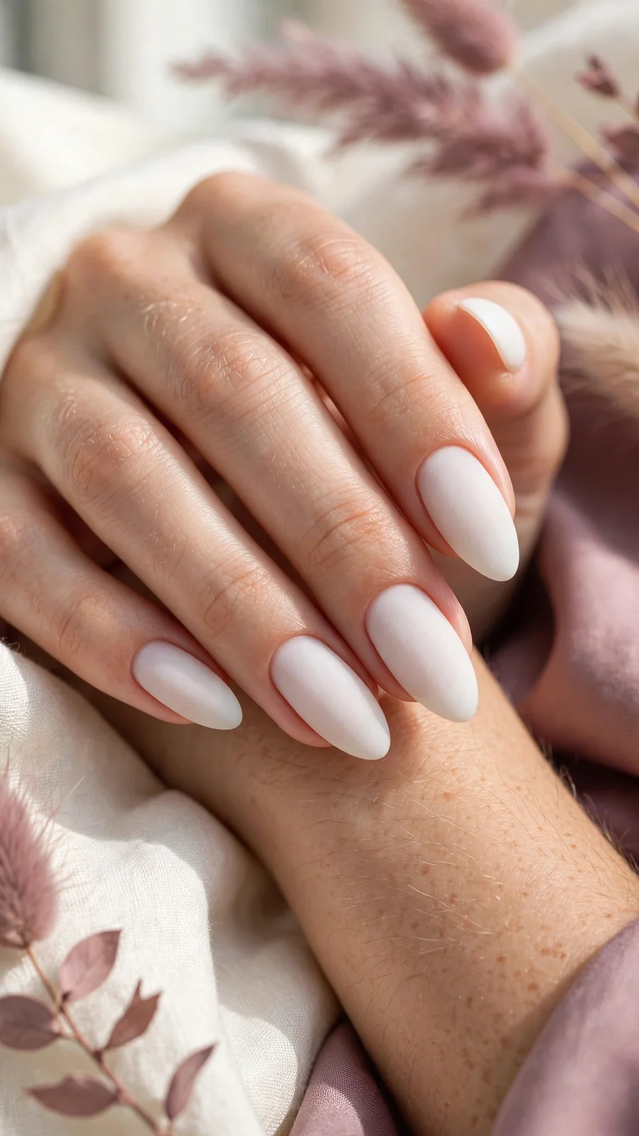 Matte milky white almond nails with velvety finish