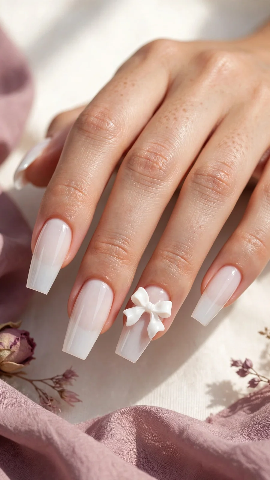 Milky white coffin nails with 3D bow charm accent